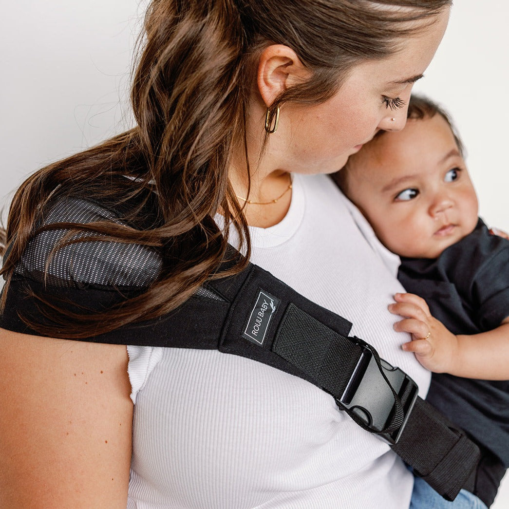 Jet Black Rouu Baby II hip carrier folded compact for travel